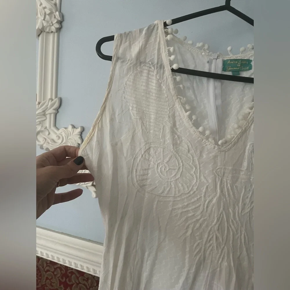 Embroidered with Seashells, Tassels White Maxi Dress 100% Cotton - Picture 4 of 9